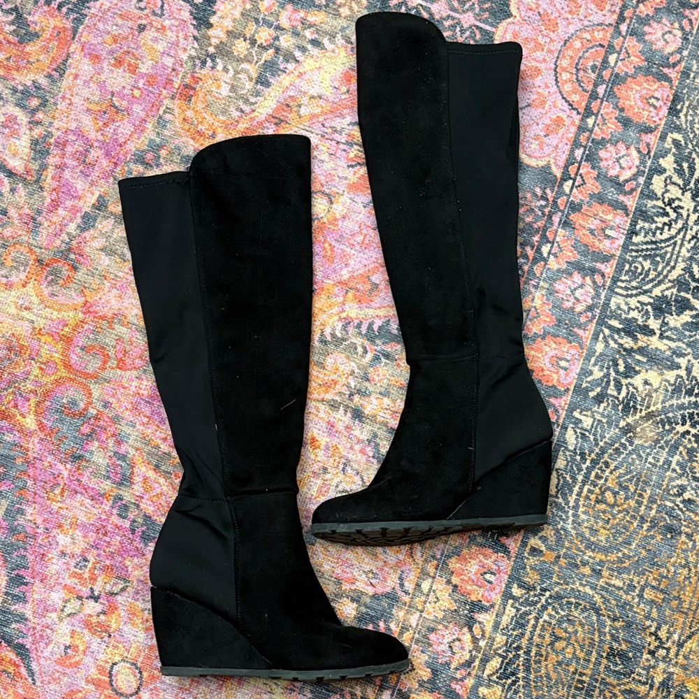 Shoe Dazzle Black Over the Knee Wedge Boots